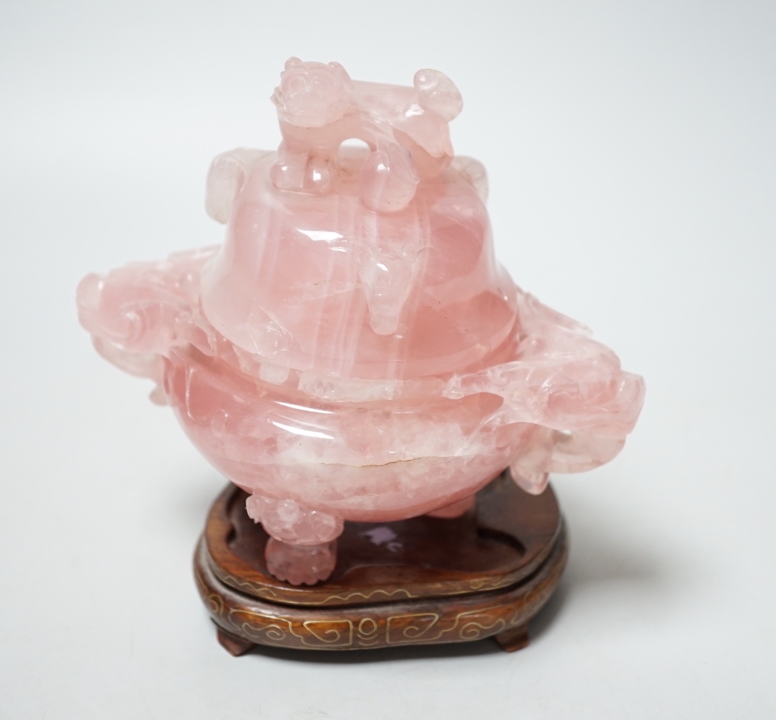 A Chinese rose quartz censer and cover, 13cm high, wood stand